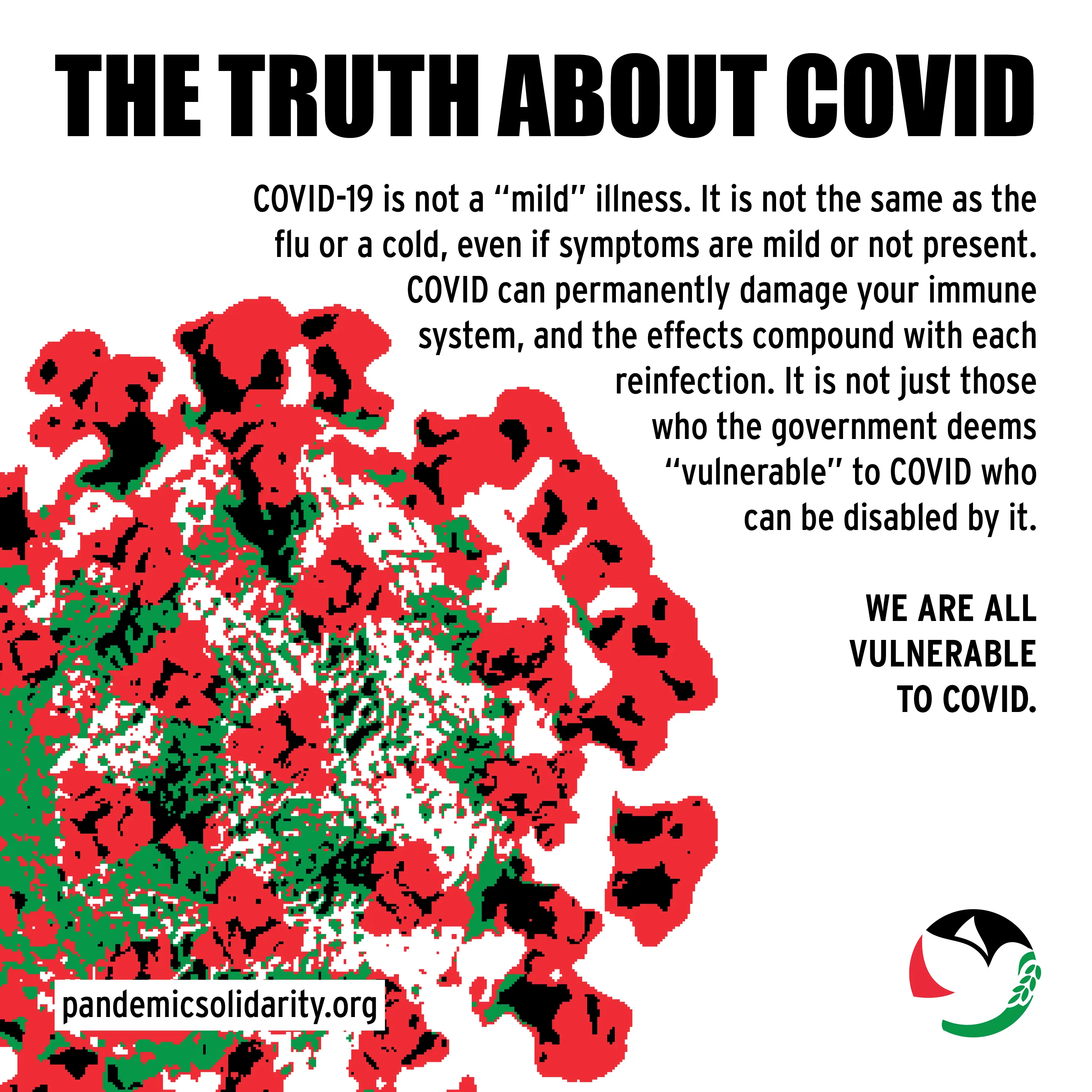 Fourth slide in an Instagram deck on Covid Safety. There's a black, green, white, and red image of a COVID-19 virus on the left side. The heading reads: 'THE TRUTH ABOUT COVID'. 
                            The text reads: 'COVID-19 is not a 'mild' illness. It is not the same as the flu or a cold, even if symptoms are mild or not present. COVID can permanently damage your immune 
                            system, and the effects compound with each reinfection. It is not just those who the government deems 'vulnerable' to COVID who can be disabled by it. WE ARE ALL VULNERABLE TO COVID.' 
                            The source pandemicsolidarity.org is cited in the bottom left corner. The SJP Iowa City logo is in the bottom right.